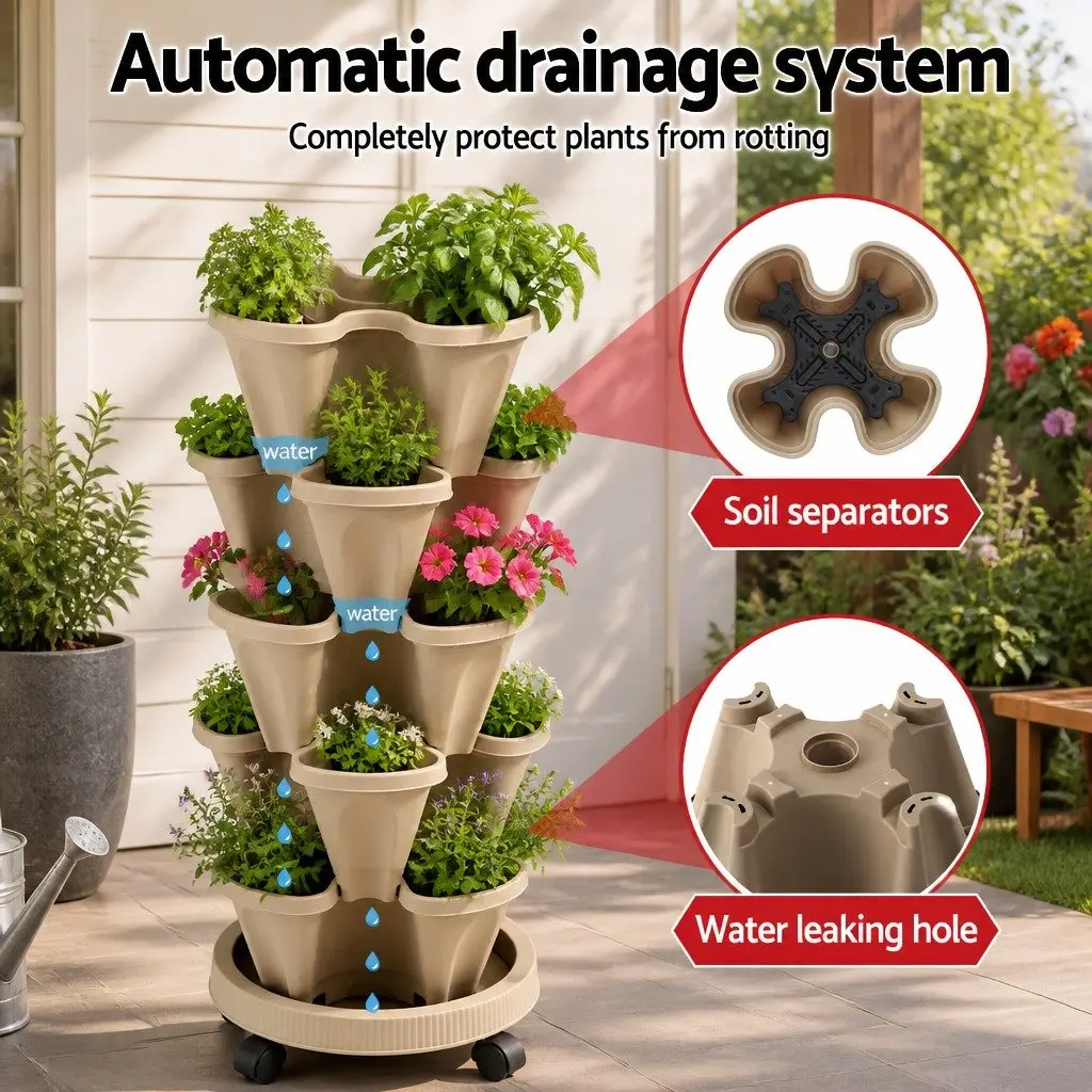 5 Tier Stackable Vertical Garden Bed Planter Tan Indoor Outdoor