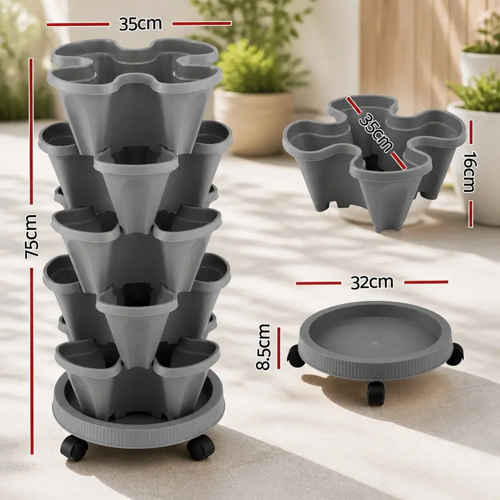 Vertical Garden Planter Stackable 5-Pot Grey Indoor Outdoor for Strawberries Herbs