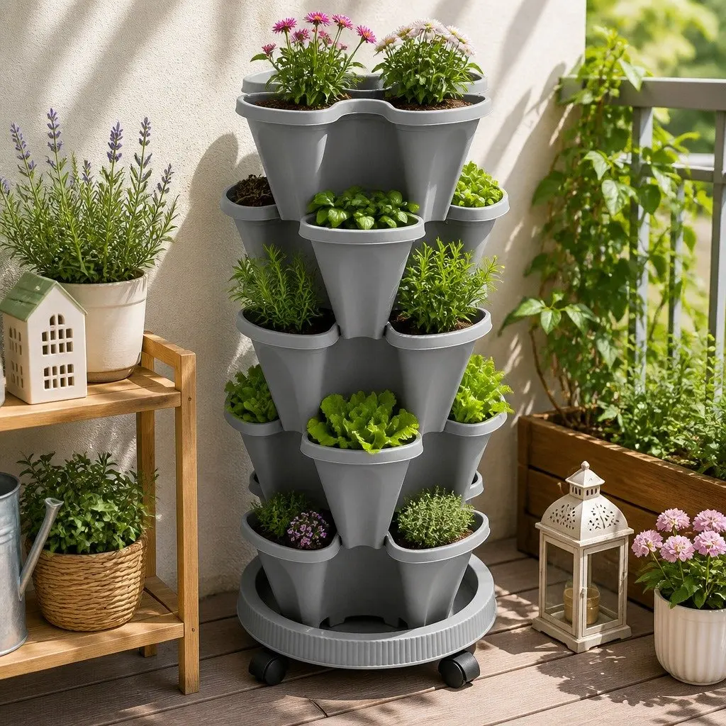 Vertical Garden Planter Stackable 5-Pot Grey Indoor Outdoor for Strawberries Herbs