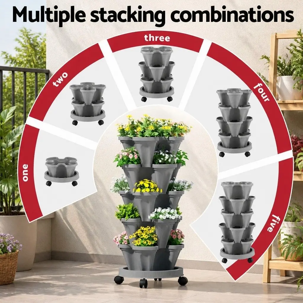 Vertical Garden Planter Stackable 5-Pot Grey Indoor Outdoor for Strawberries Herbs