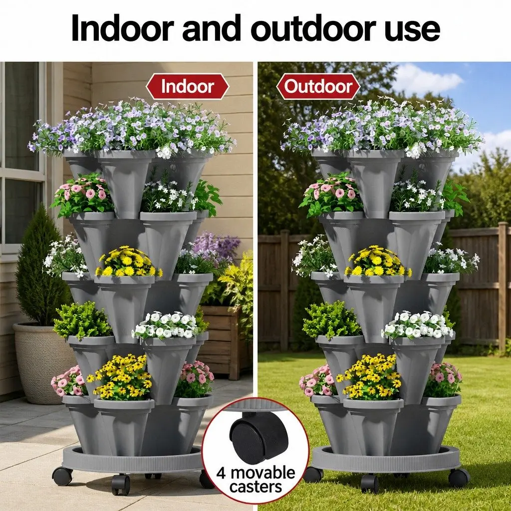 Vertical Garden Planter Stackable 5-Pot Grey Indoor Outdoor for Strawberries Herbs
