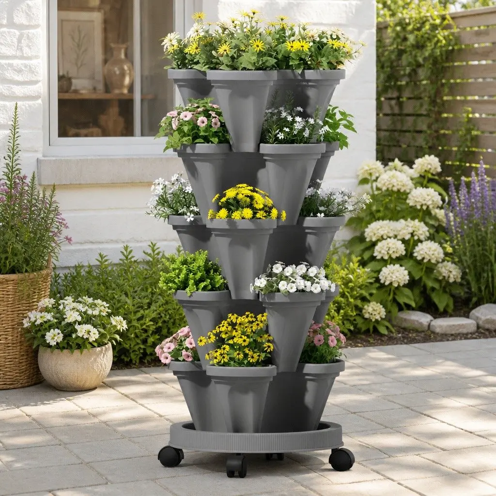 Vertical Garden Planter Stackable 5-Pot Grey Indoor Outdoor for Strawberries Herbs