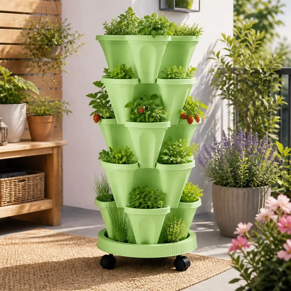 5 Tier Stackable Vertical Garden Planter Bed with Casters Indoor Outdoor