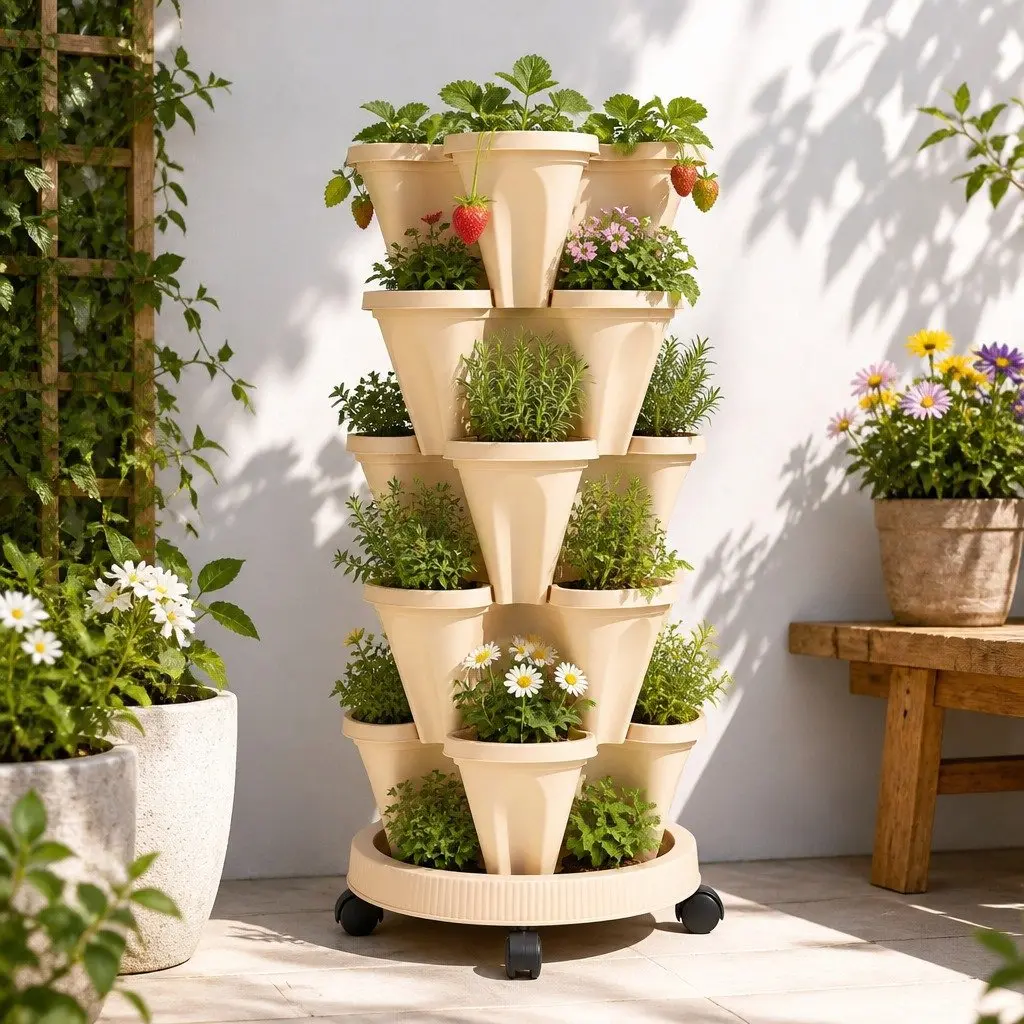 5 Tier Stackable Vertical Garden Bed Planter with Casters Yellow