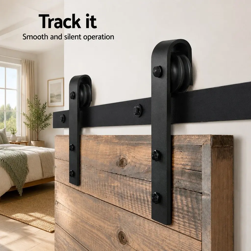 Sliding Barn Door Hardware Track Set Matte Black Steel 2m