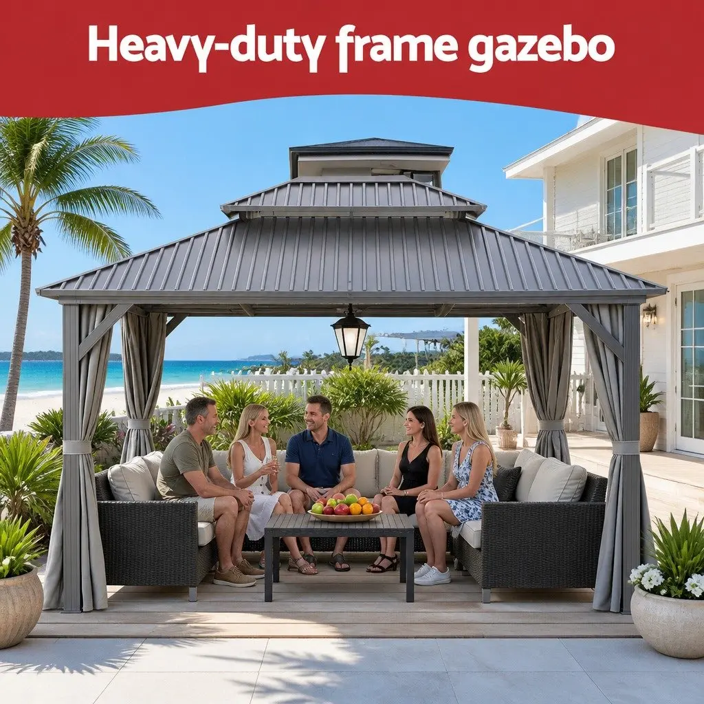Gazebo 3x3.65m Outdoor Canopy Patio Tent Steel Frame Mesh Curtains Grey Marquee