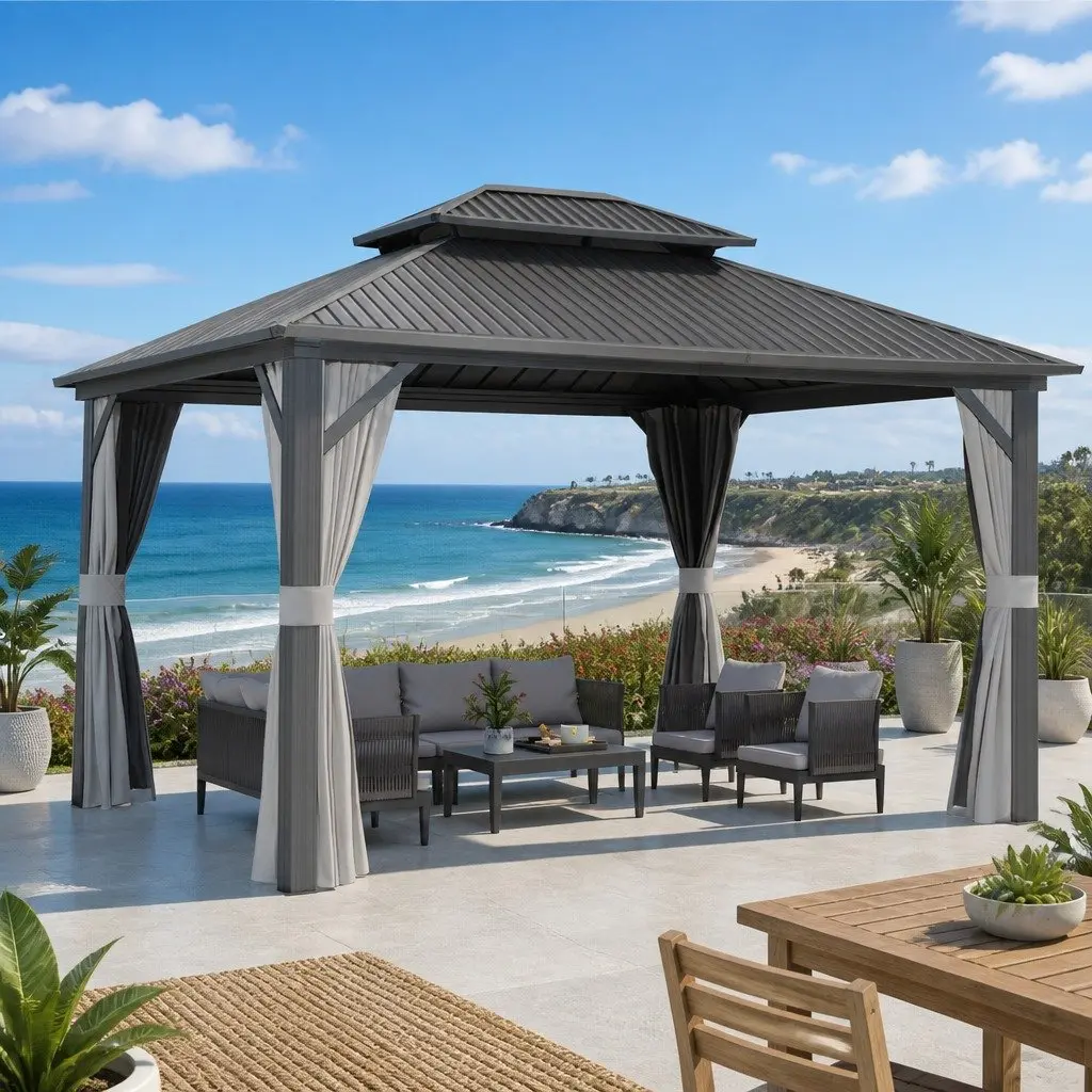 Gazebo 3x3.65m Outdoor Canopy Patio Tent Steel Frame Mesh Curtains Grey Marquee