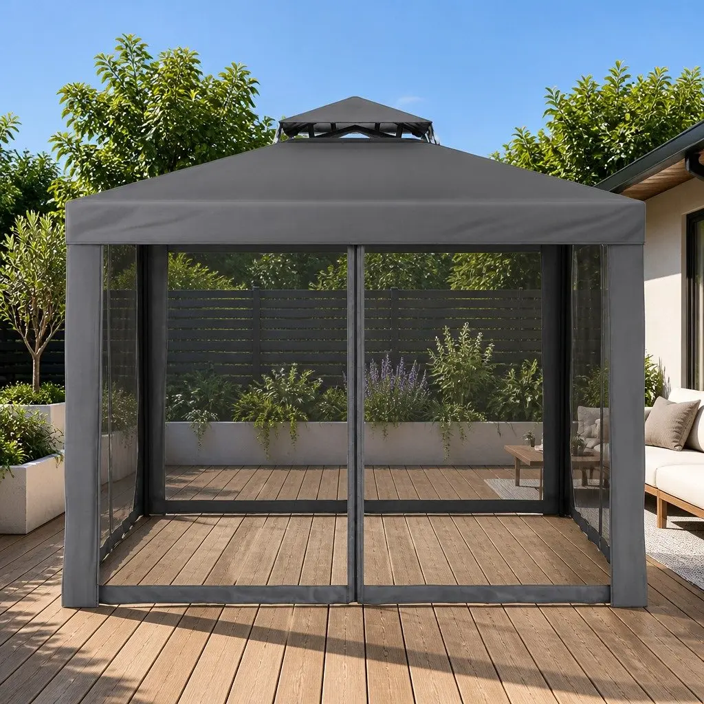 Gazebo Tent 3m Outdoor Event Canopy Grey Insect-proof Mesh Walls Durable PU Coated Polyester