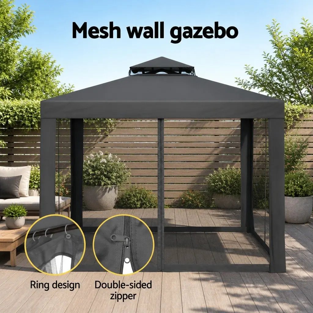 Gazebo Tent 3m Outdoor Event Canopy Grey Insect-proof Mesh Walls Durable PU Coated Polyester