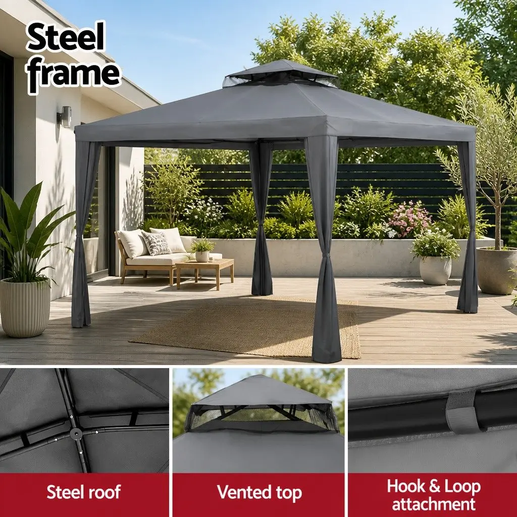 Gazebo Tent 3m Outdoor Event Canopy Grey Insect-proof Mesh Walls Durable PU Coated Polyester