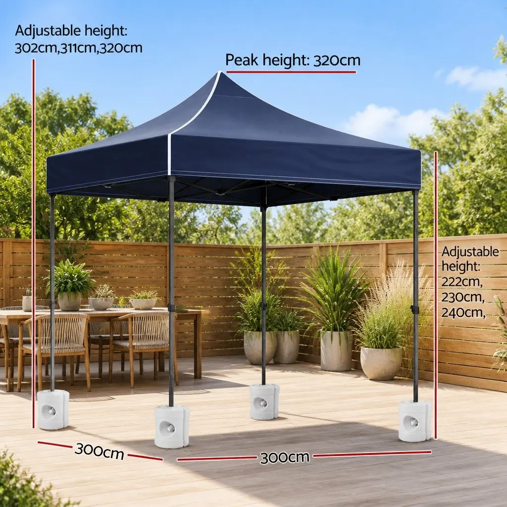 Pop Up Gazebo Navy 3x3m Outdoor Canopy Folding Tent Shade with 4 Base Pods
