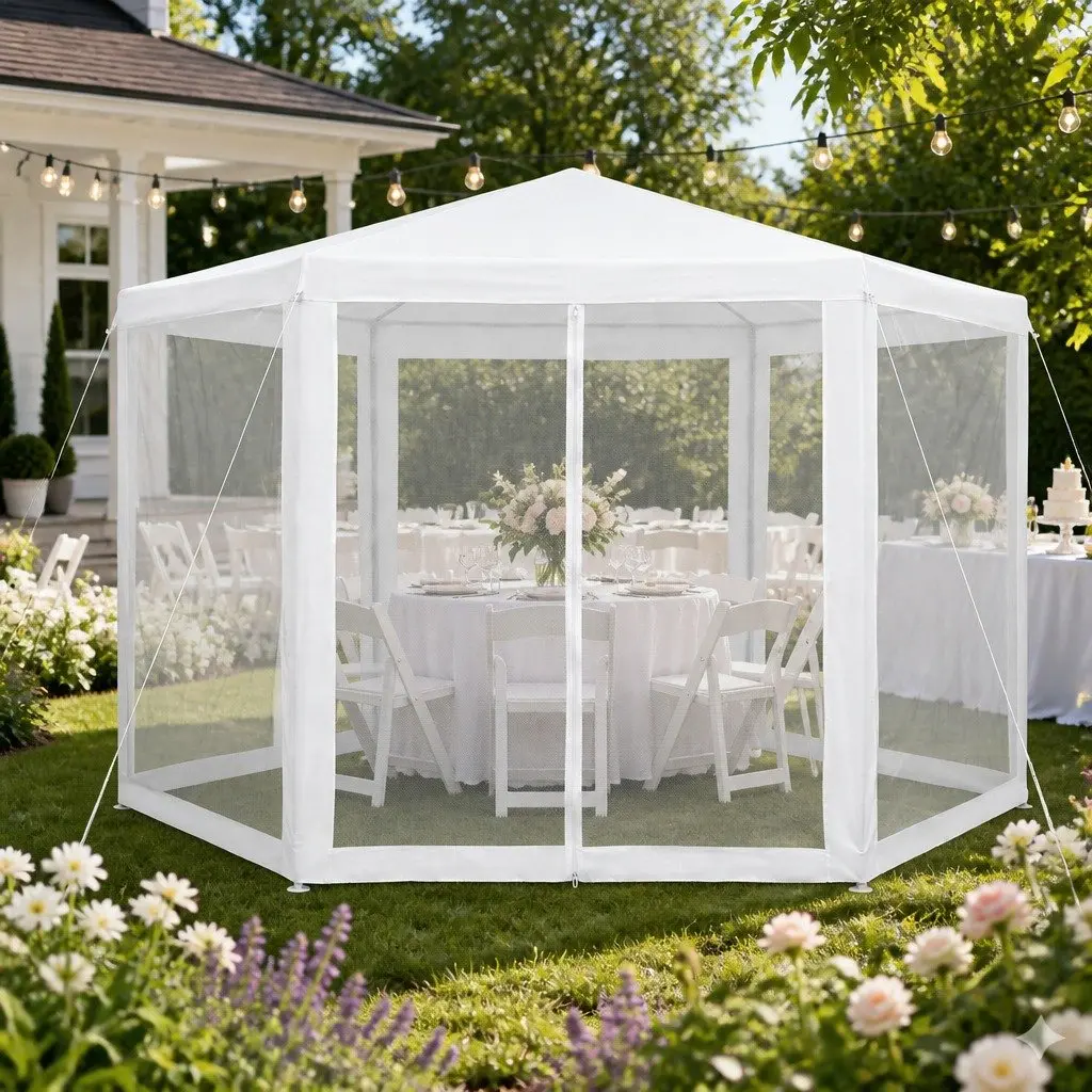 Hexagonal Gazebo Mesh Canopy 2x2m Outdoor Wedding Party Tent Shade White