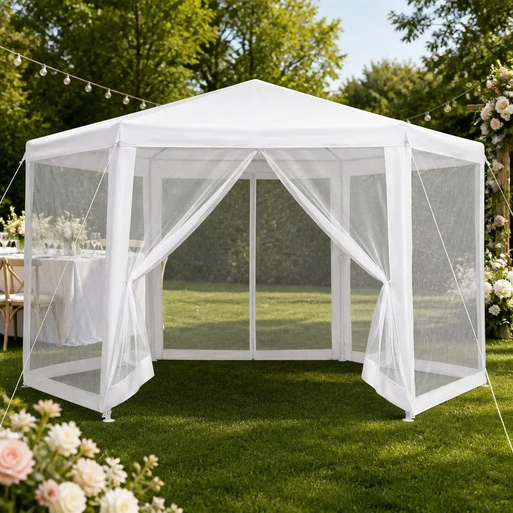 Hexagonal Gazebo Mesh Canopy 2x2m Outdoor Wedding Party Tent Shade White