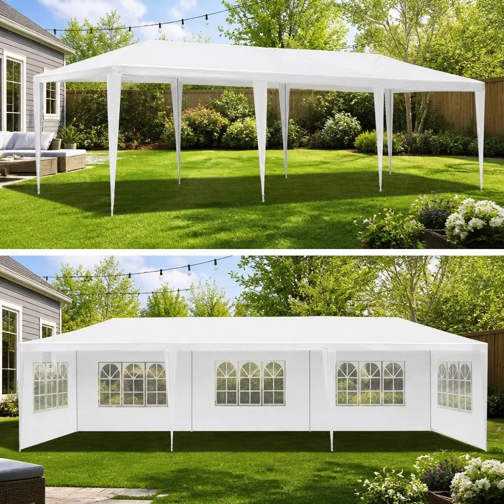 Gazebo 3x9m White Canopy with 5 Removable Panels for Outdoor Weddings Parties and Camping