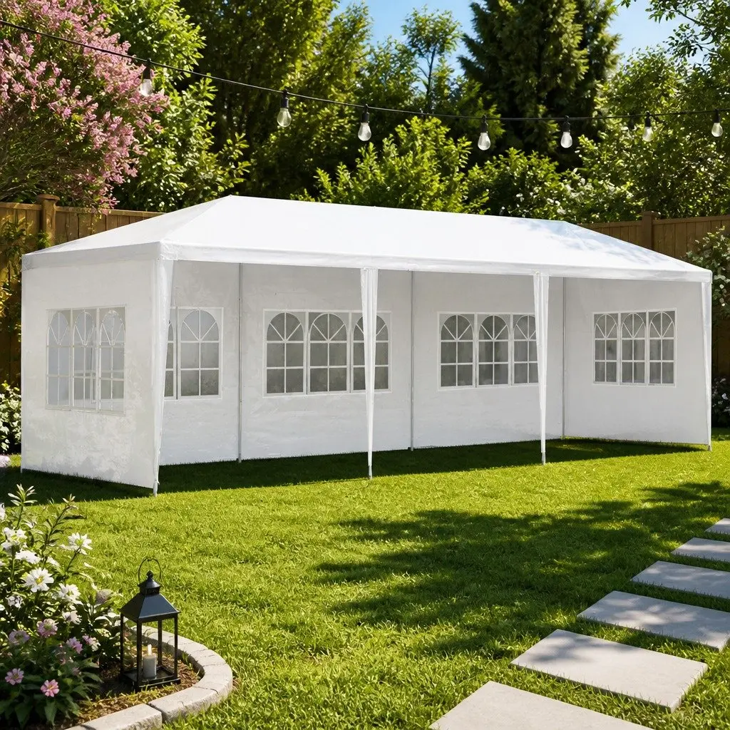 Gazebo 3x9m White Canopy with 5 Removable Panels for Outdoor Weddings Parties and Camping