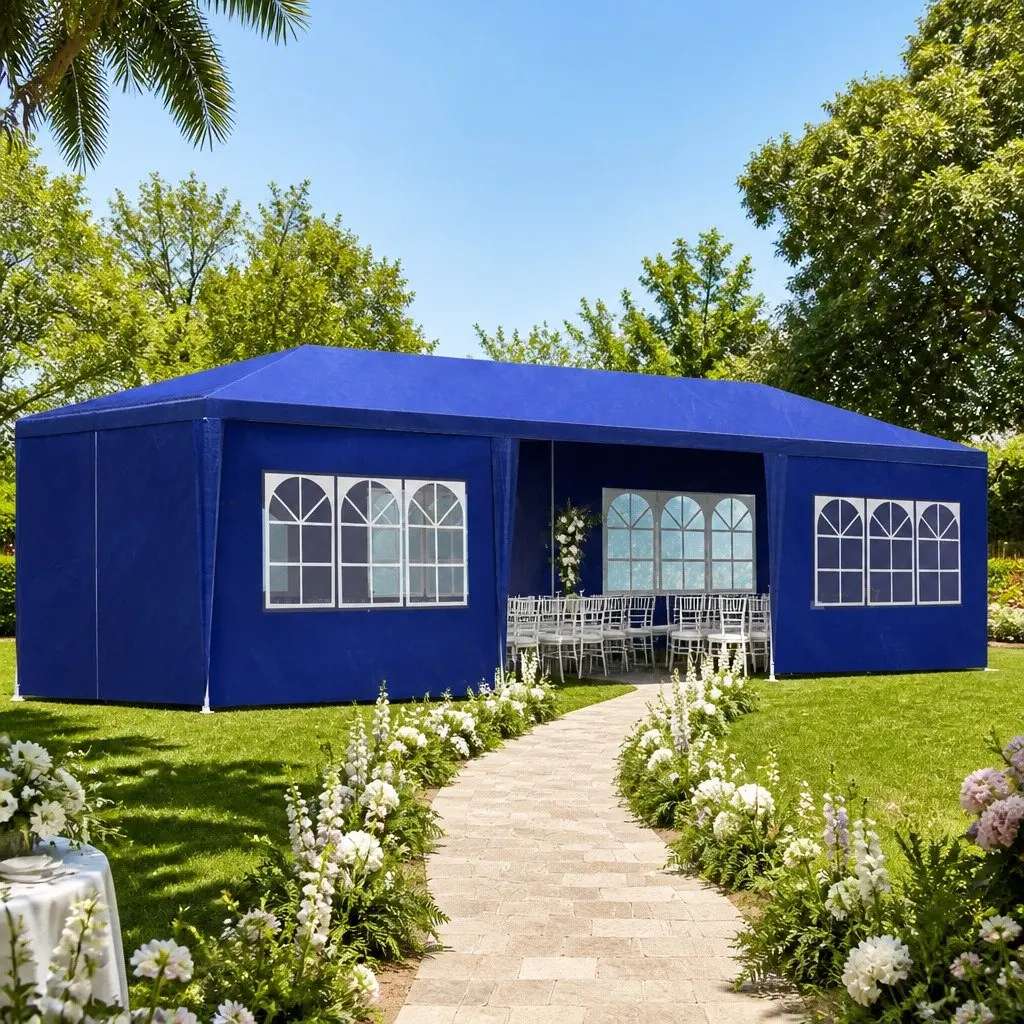 Gazebo 3x9m Marquee Outdoor Wedding Party Tent Camping Canopy 8 Panel Blue