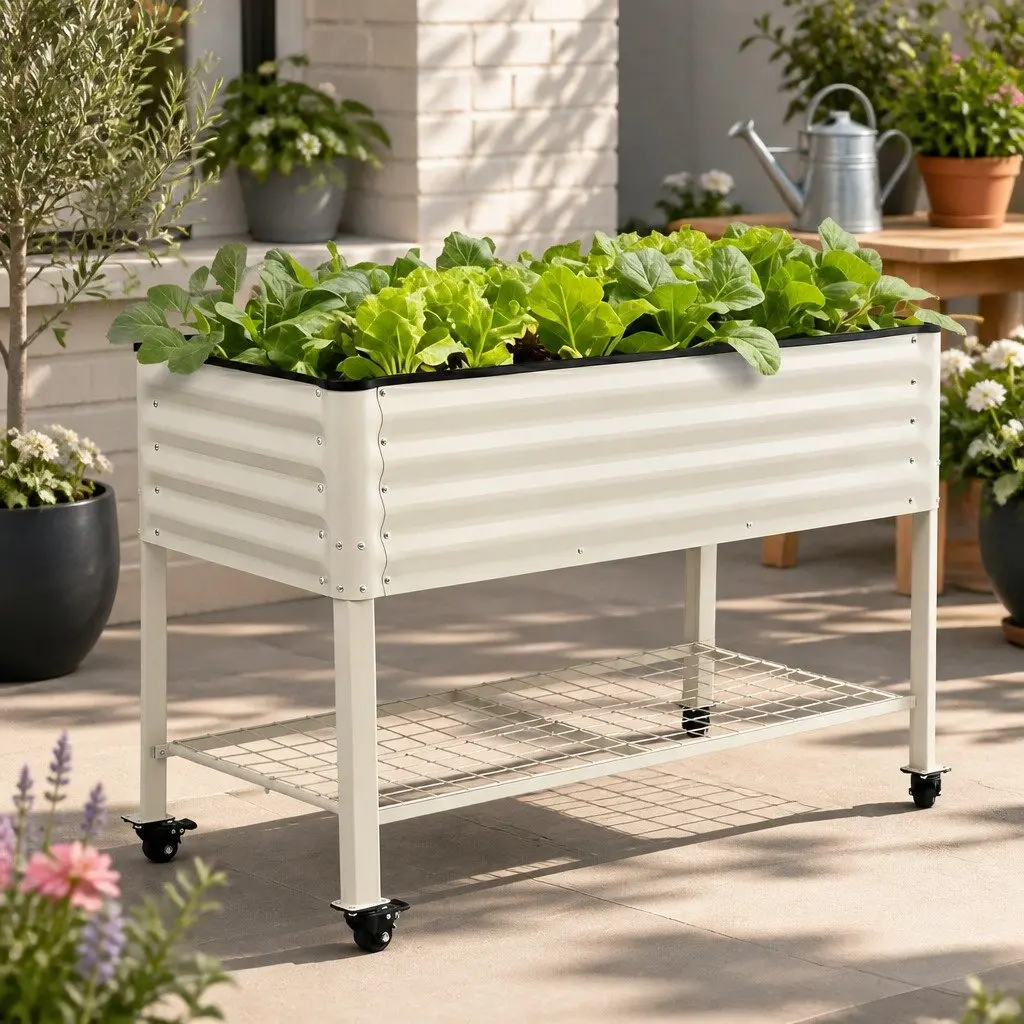 Elevated Garden Bed 115cm Mobile Planter with Wheels Storage Shelf White 81cm