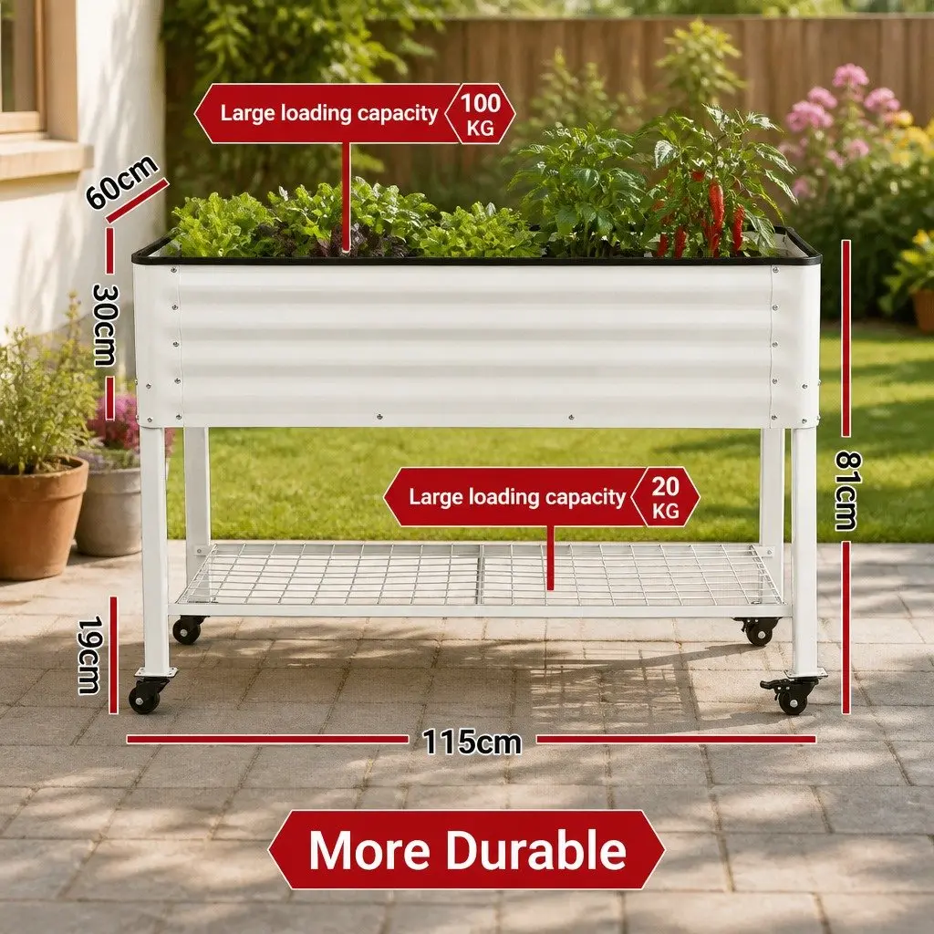 Elevated Garden Bed 115cm Mobile Planter with Wheels Storage Shelf White 81cm