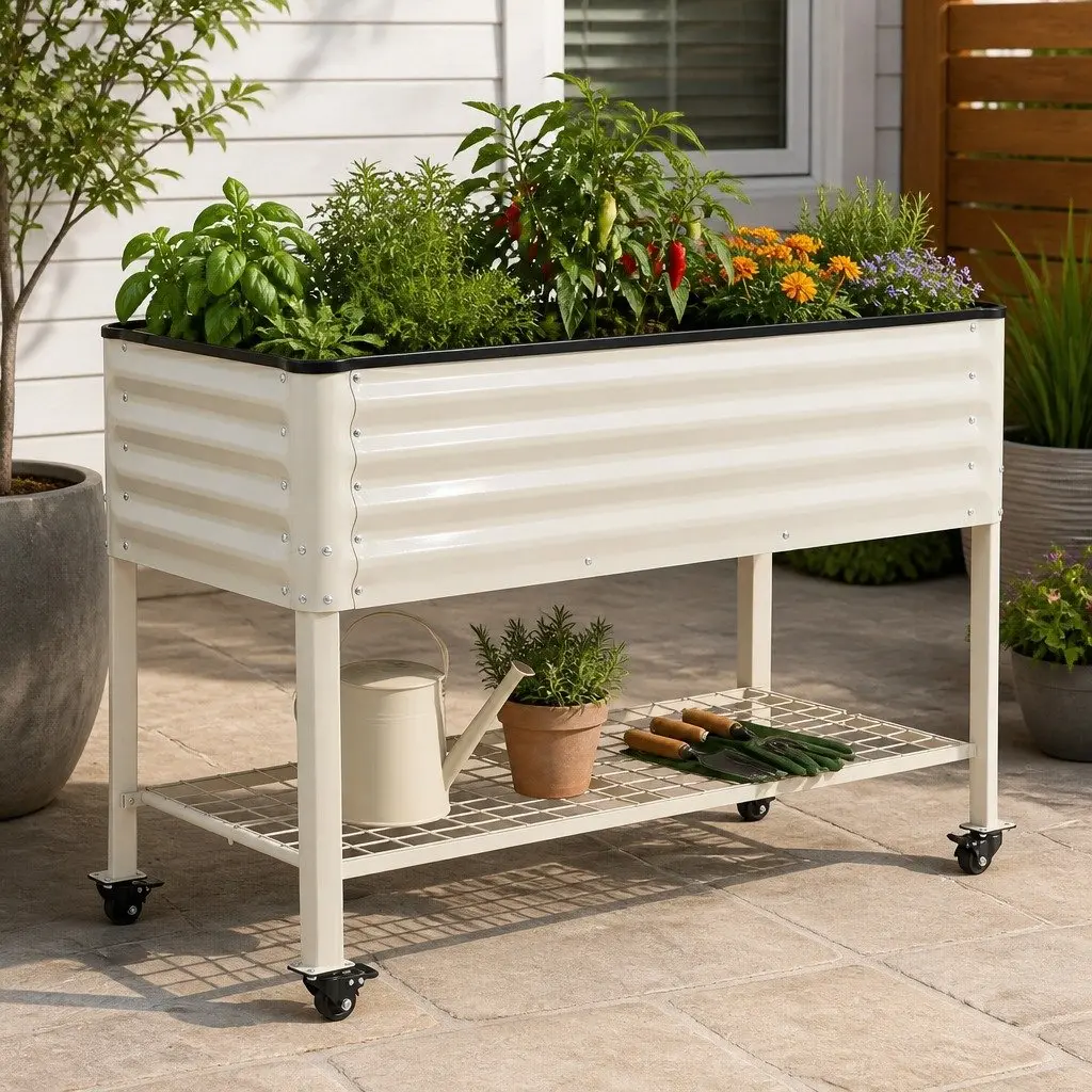 Elevated Garden Bed 115cm Mobile Planter with Wheels Storage Shelf White 81cm