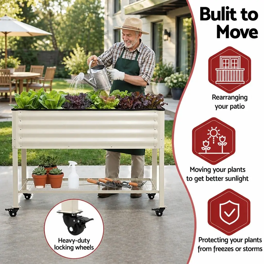 Elevated Garden Bed 115cm Mobile Planter with Wheels Storage Shelf White 81cm