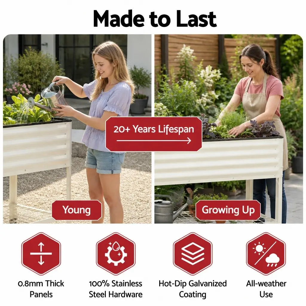 Elevated Garden Bed 115cm Mobile Planter with Wheels Storage Shelf White 81cm