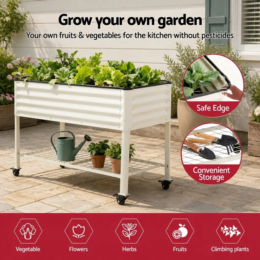 Elevated Garden Bed 115cm Mobile Planter with Wheels Storage Shelf White 81cm