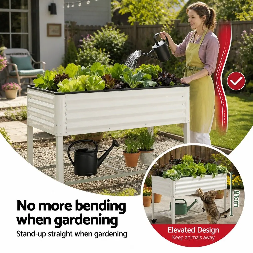 Elevated Garden Bed 115cm Mobile Planter with Wheels Storage Shelf White 81cm