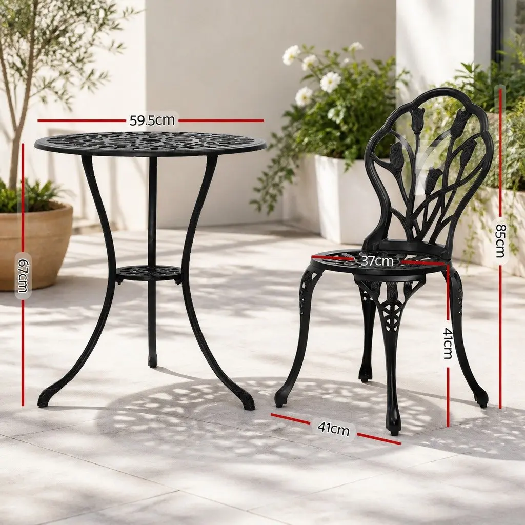 3PC Outdoor Bistro Set Patio Chairs Table Black Garden Furniture with Parasol