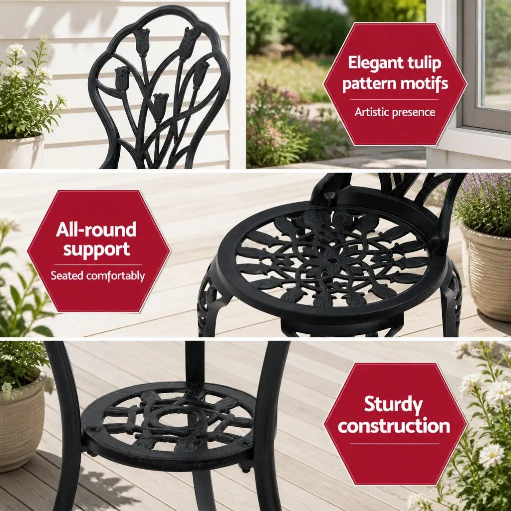 3PC Outdoor Bistro Set Patio Chairs Table Black Garden Furniture with Parasol