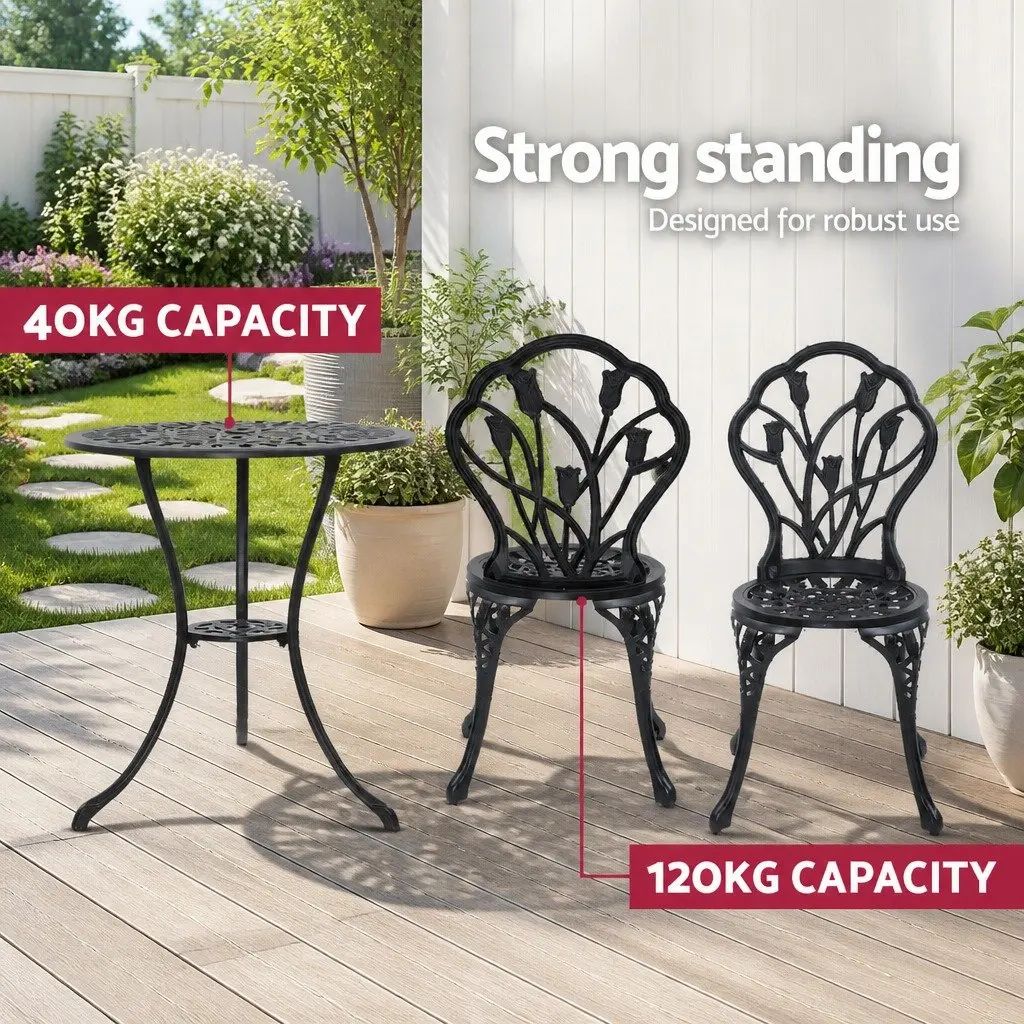 3PC Outdoor Bistro Set Patio Chairs Table Black Garden Furniture with Parasol