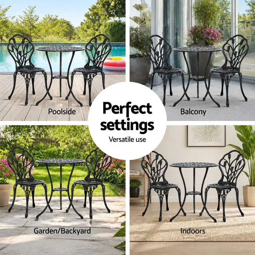 3PC Outdoor Bistro Set Patio Chairs Table Black Garden Furniture with Parasol