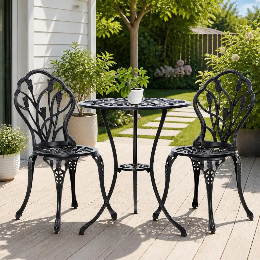 3PC Outdoor Bistro Set Patio Chairs Table Black Garden Furniture with Parasol