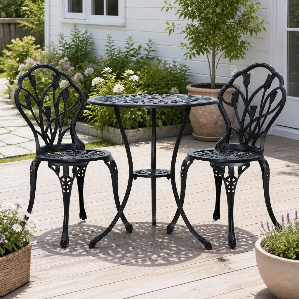 3PC Outdoor Bistro Set Patio Chairs Table Black Garden Furniture with Parasol