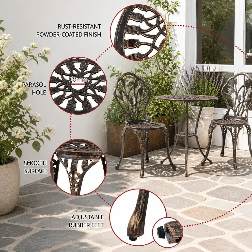 3PC Outdoor Bistro Set Bronze Patio Chairs Table Garden Furniture with Parasol