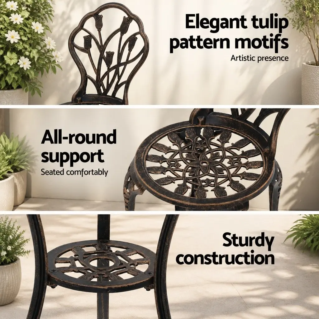 3PC Outdoor Bistro Set Bronze Patio Chairs Table Garden Furniture with Parasol