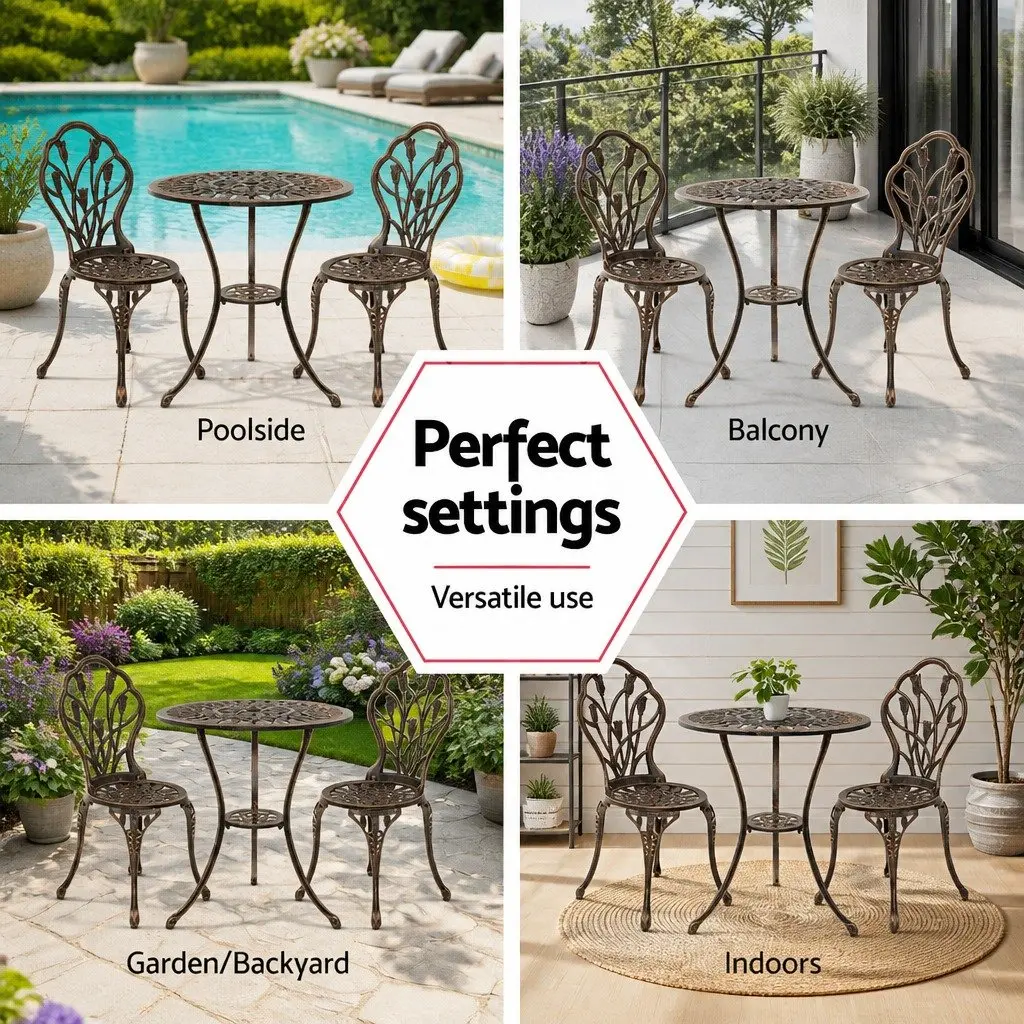3PC Outdoor Bistro Set Bronze Patio Chairs Table Garden Furniture with Parasol