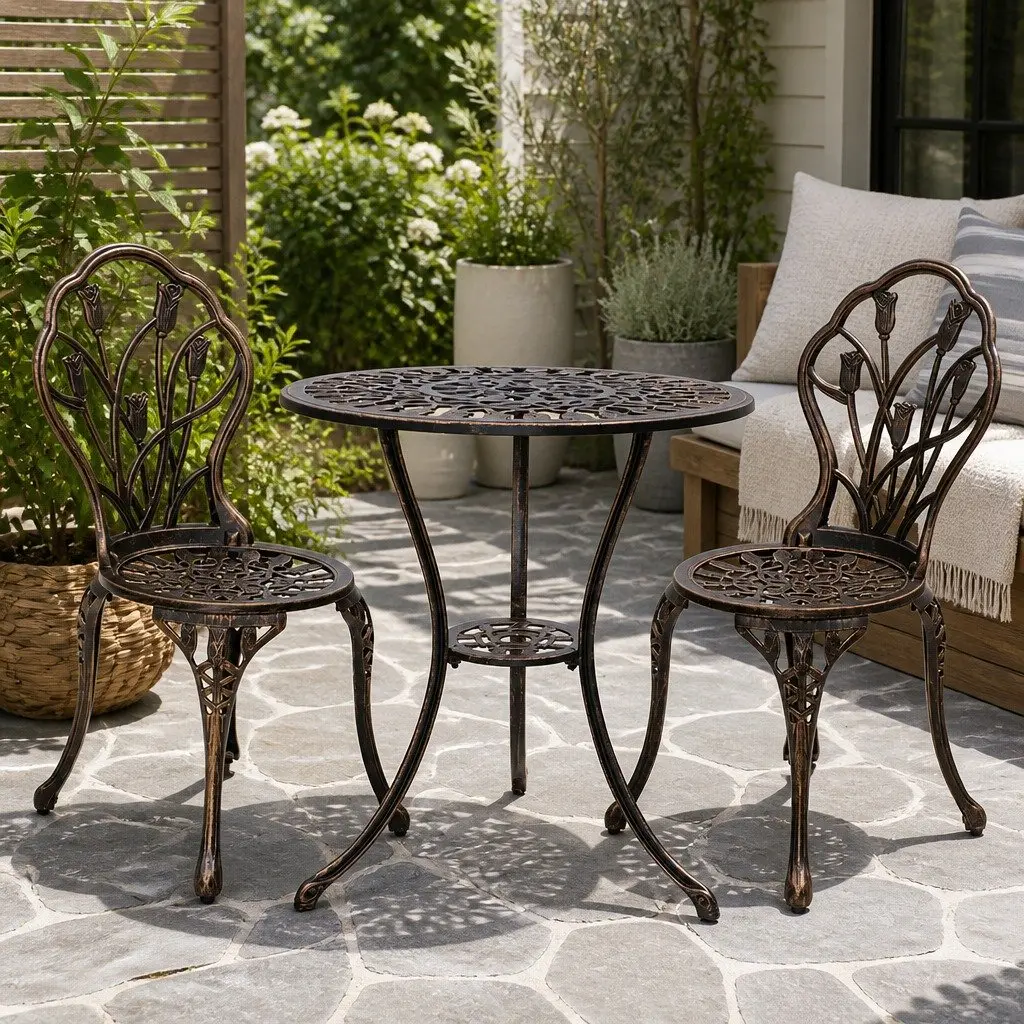 3PC Outdoor Bistro Set Bronze Patio Chairs Table Garden Furniture with Parasol