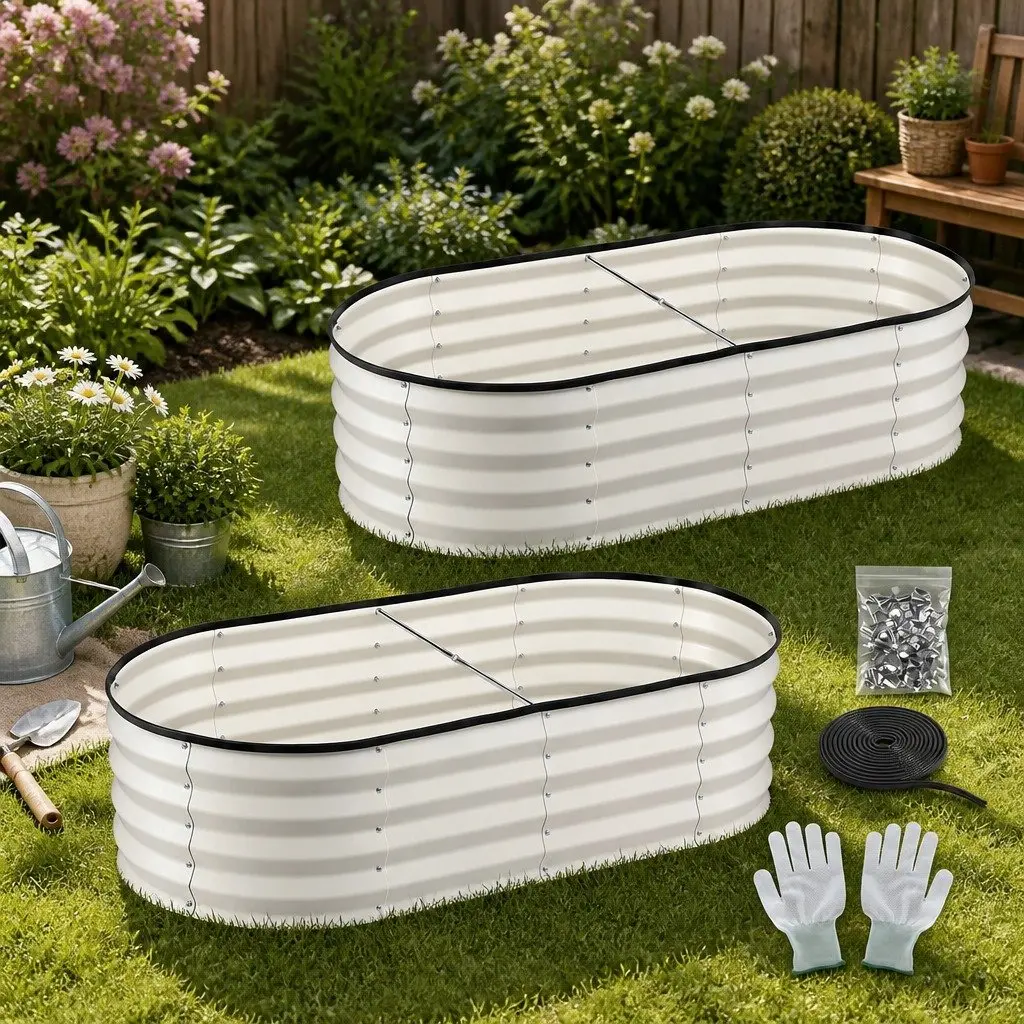 Raised Garden Bed Galvanised Steel Planter Box Open Base 120x60x30cm 2 Pack White