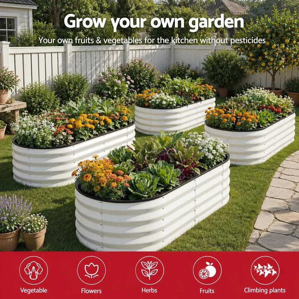 Raised Garden Bed Galvanised Steel Planter Box Open Base 120x60x30cm 2 Pack White