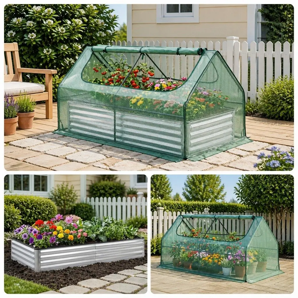 Raised Garden Bed with Greenhouse 3 in 1 Galvanised Planter Box 190 x 90 x 90 cm