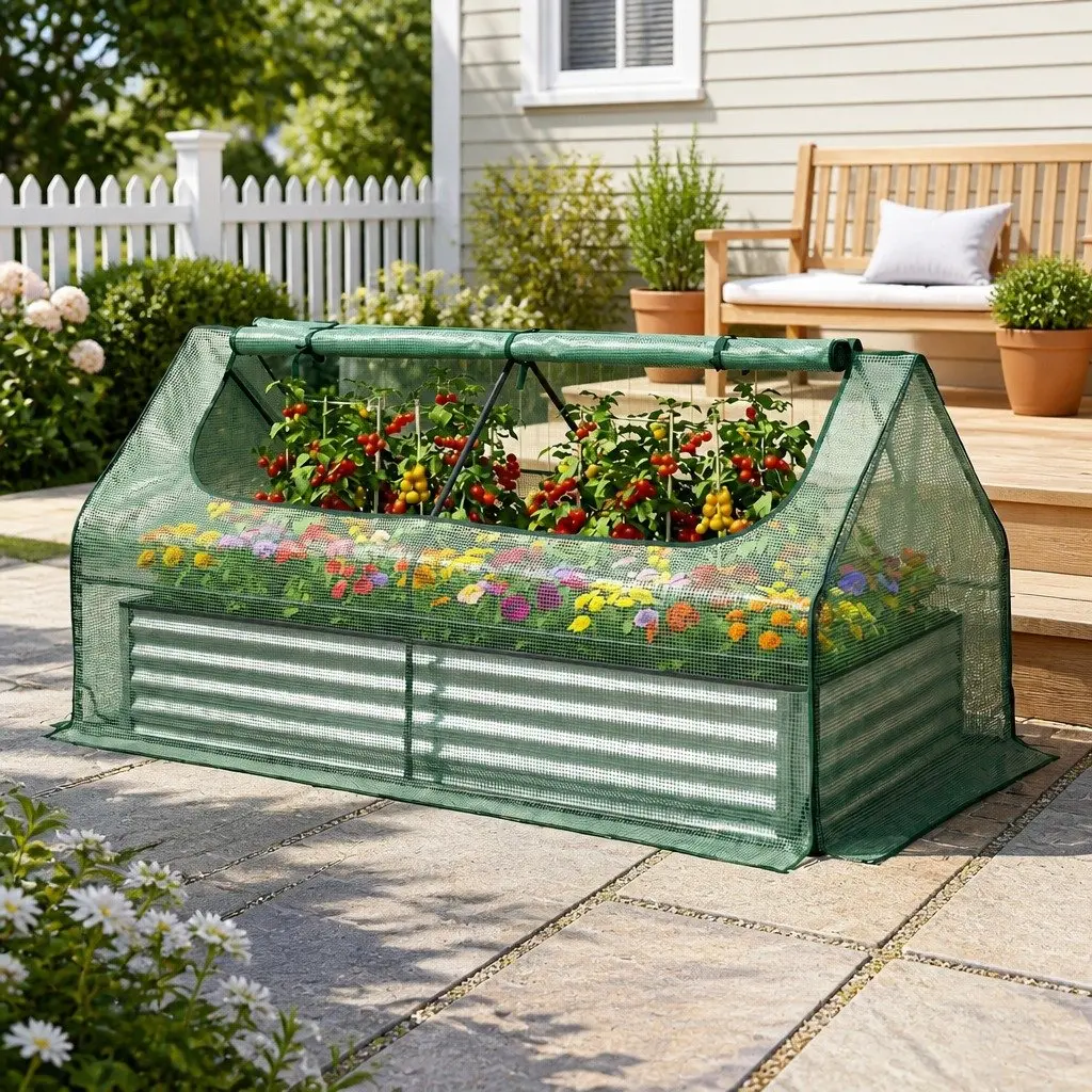 Raised Garden Bed with Greenhouse 3 in 1 Galvanised Planter Box 190 x 90 x 90 cm