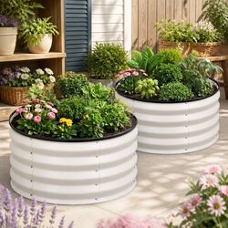 White Galvanised Steel Round Raised Garden Bed Set 60cm