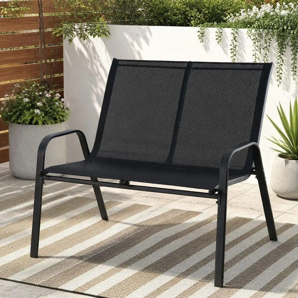 2-Seat Outdoor Garden Bench Steel Frame Patio Lounge Chair Black Backyard