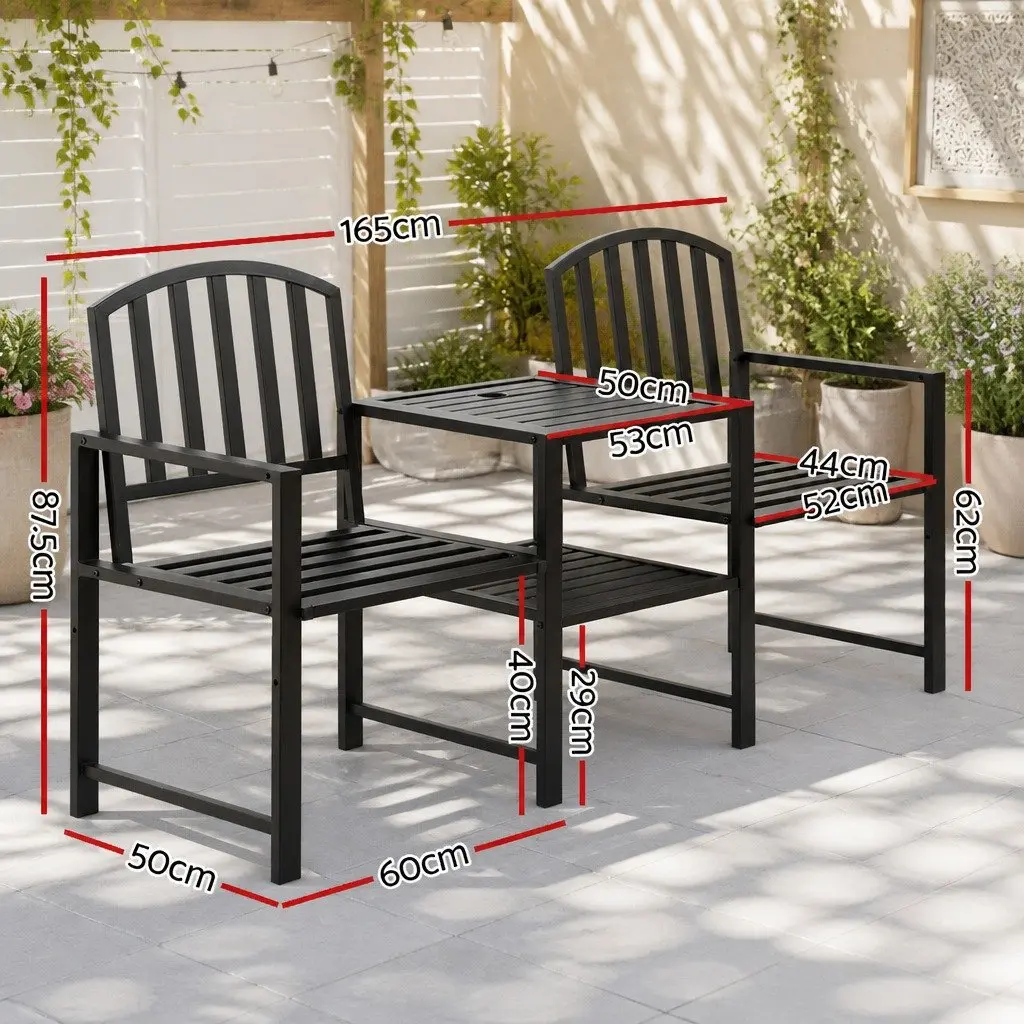 2-Seater Garden Bench Outdoor Loveseat with Armchairs Table Storage Black