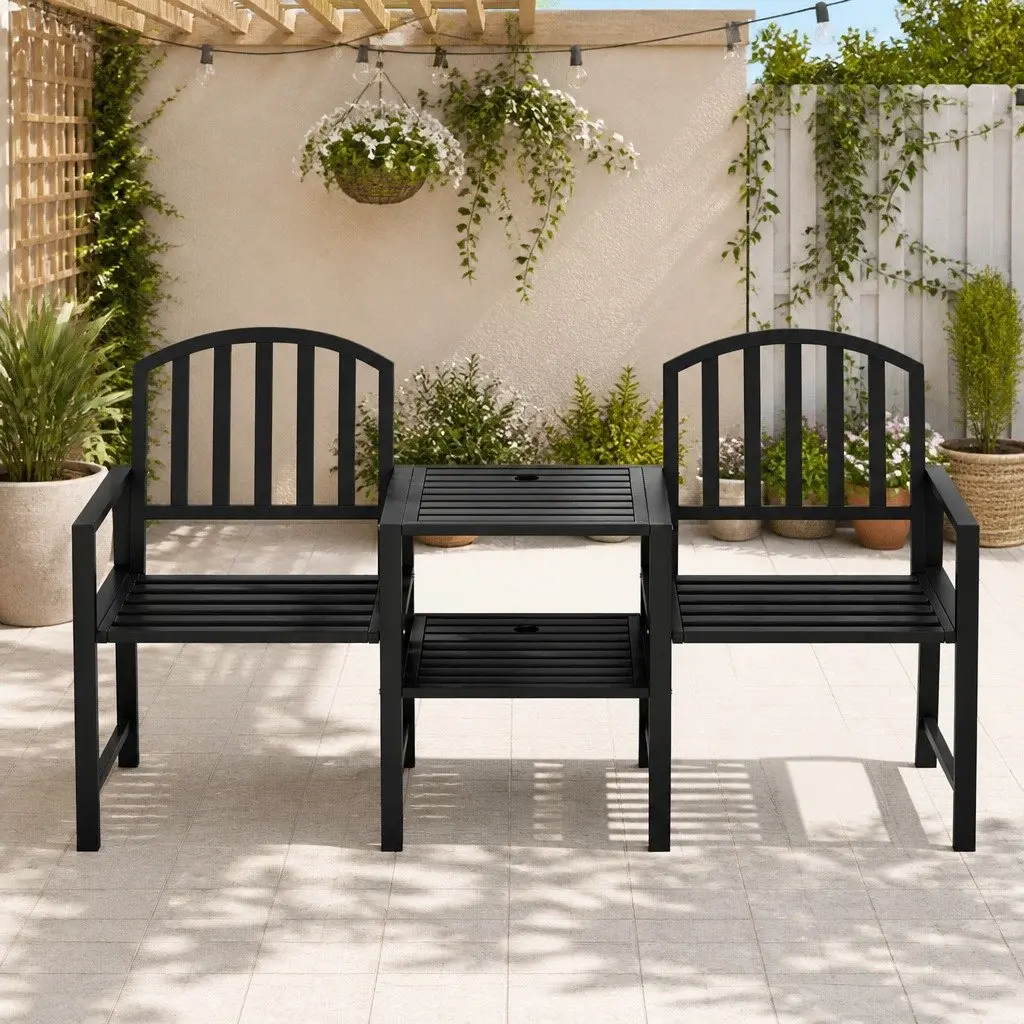 2-Seater Garden Bench Outdoor Loveseat with Armchairs Table Storage Black
