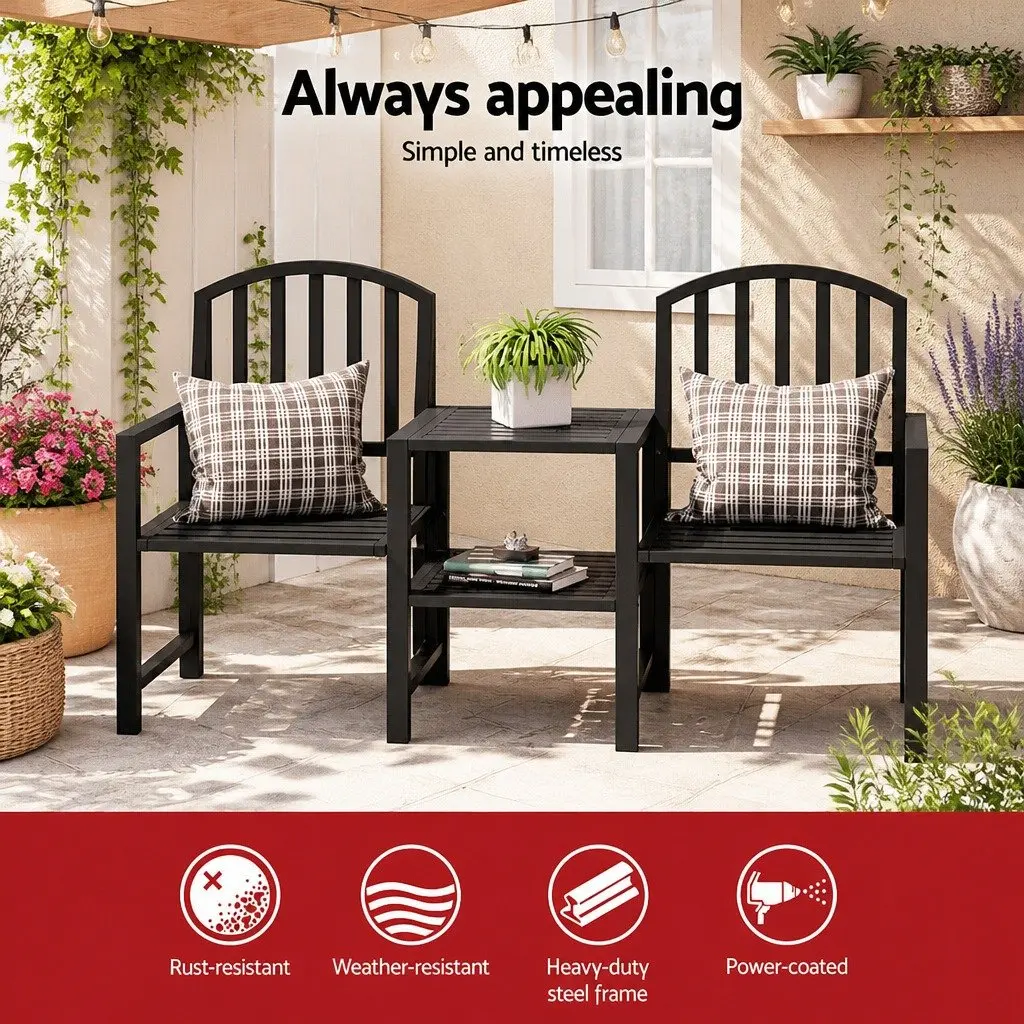 2-Seater Garden Bench Outdoor Loveseat with Armchairs Table Storage Black