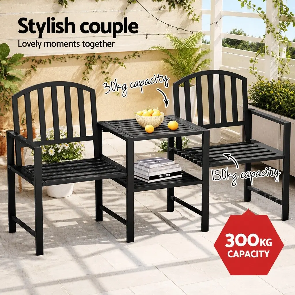 2-Seater Garden Bench Outdoor Loveseat with Armchairs Table Storage Black