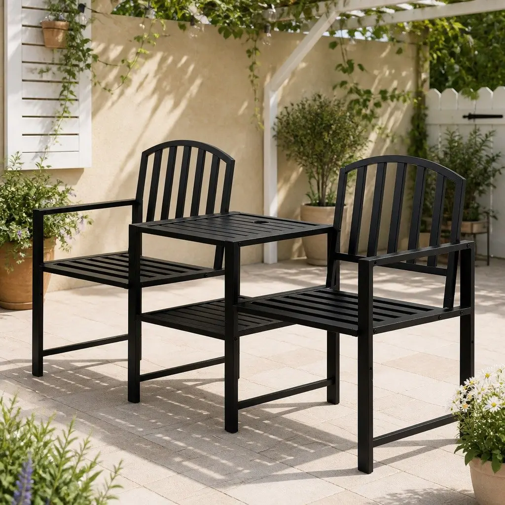 2-Seater Garden Bench Outdoor Loveseat with Armchairs Table Storage Black