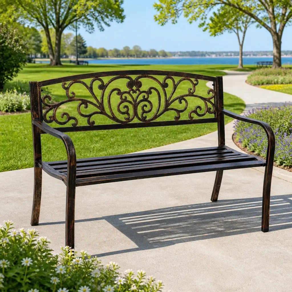 Garden Bench Seat 3 Seater Outdoor Steel Frame Cast Iron Backrest Bronze