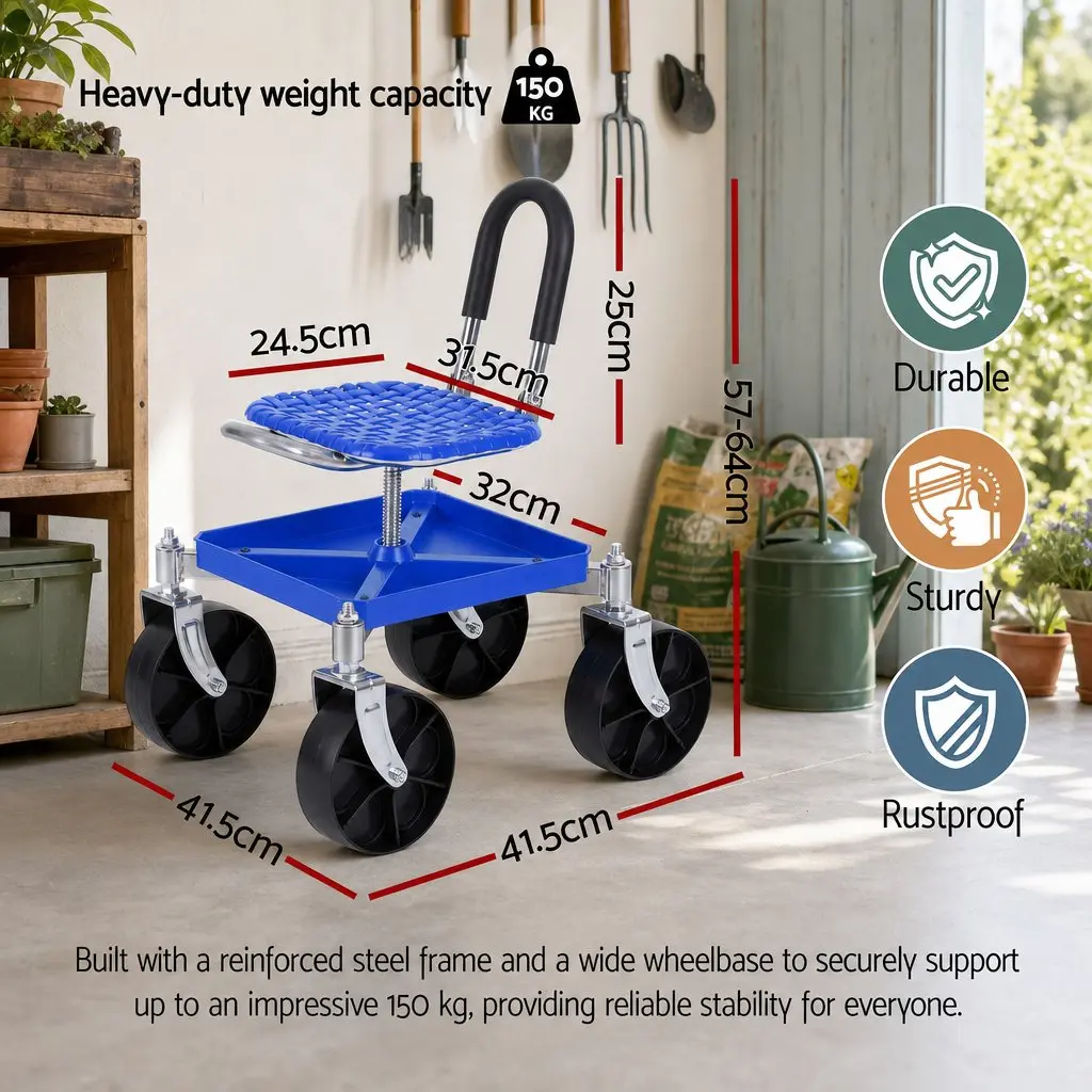 Height Adjustable Garden Stool Blue with 360 Swivel Castors and Under Seat Storage